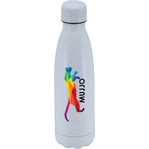 A drink bottle featuring a white body with a colourful logo, designed as a 500ml vacuum flask.