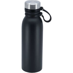A drink bottle in black with a stainless steel lid and a carrying loop, designed as a vacuum flask.