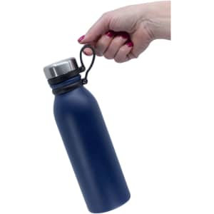 A drink bottle in navy blue, featuring a stainless steel lid and a handle, with a branding logo.