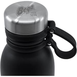 A drink bottle featuring a stainless steel lid and a black body. It has a handle and includes a logo on the lid.