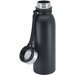 A drink bottle in matte black, featuring a stainless steel lid and a strap, with a logo on the side.