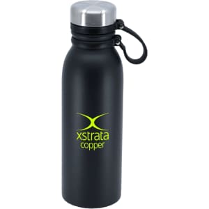A drink bottle featuring a sleek black design with a stainless steel lid and a logo. Suitable for a variety of beverages.