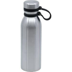 A drink bottle in polished silver metal, featuring a black screw lid and carrying loop. It has a minimalist design and a logo.
