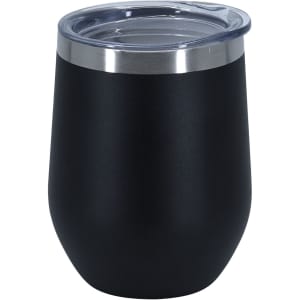 A black double wall travel mug with a clear lid and a stainless steel band.