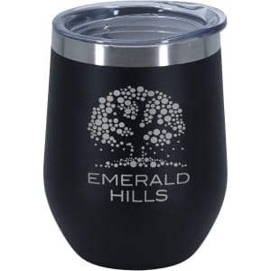 A drink bottle featuring a black finish, double wall design, and a transparent lid. It has a logo on the front.