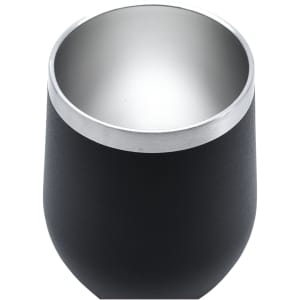 A black double wall travel mug with a stainless steel interior and a smooth finish, featuring a metal rim.