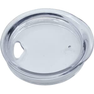 A clear, round lid for a travel mug, featuring a small opening and a handle on one side.