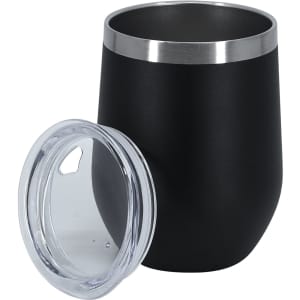 A double wall travel mug in matte black with a silver rim and a clear lid. It features a logo.