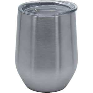 A drink bottle with a sleek, stainless steel finish and a clear lid, featuring a logo.