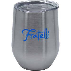 A double wall stainless steel travel mug with a clear lid, featuring a blue logo.