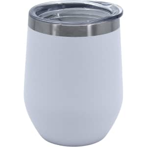 A travel mug in matte white with a clear lid and stainless steel rim, featuring a logo.