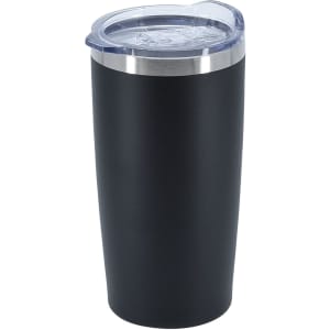 A travel mug featuring a sleek black design with a clear lid and stainless steel accent.