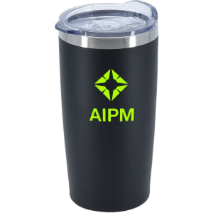 A travel mug with a double wall design in black and a transparent lid, featuring a logo.