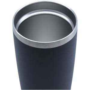 A drink bottle with a sleek black exterior and a stainless steel inner rim. It features branding on the surface.