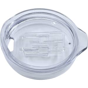 A clear, transparent lid designed for a travel mug, featuring an opening and a small handle.
