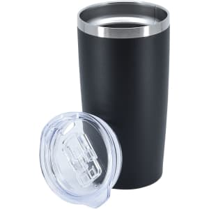 A travel mug with a double wall design, featuring a sleek black exterior and a stainless steel rim. Includes a clear lid.