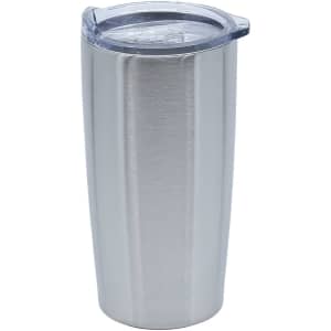 A travel mug with a stainless steel finish and a clear lid, featuring a sleek, modern design.