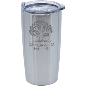 A double wall travel mug in stainless steel with a clear lid and a logo design.