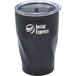 A travel mug with a sleek black design and a clear lid, featuring a logo on the side.