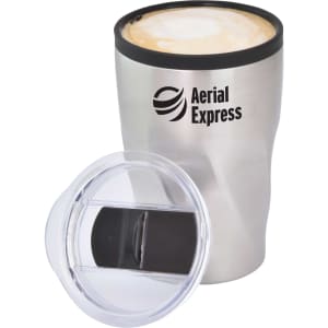 A double wall travel mug in stainless steel with a clear lid and a logo on the front.