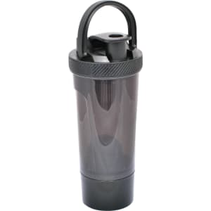 A drink bottle in black, featuring a handle and a screw-top lid, with a built-in compartment for mixing.