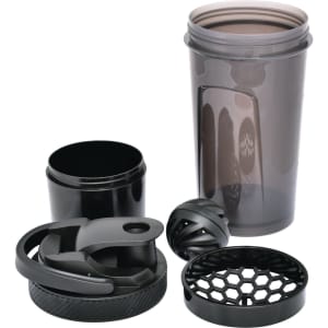 A drink bottle in black featuring a removable lid, mixing ball, and a compartment for storage.