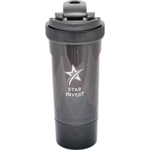 A drink bottle in black, featuring a logo and a design suitable for protein shakes.