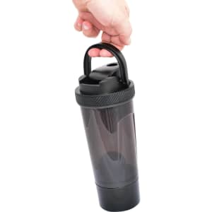 A drink bottle in black with a handle, featuring a screw-on lid and a logo on the side.