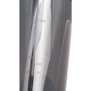 A drink bottle in black with measurement markings up to 500 ml. The design features a logo.