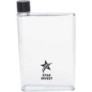 A drink bottle in a clear rectangular design with a black lid and a logo on the front.