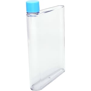 A drink bottle with a clear body and a light blue cap, featuring a sleek, rectangular design and a logo.