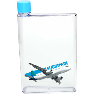 A drink bottle in clear plastic with a blue lid, featuring a graphic of an airplane and a branding logo.