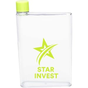A drink bottle in a clear design with a lime green cap, featuring a logo.
