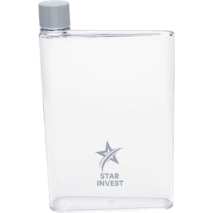 A drink bottle in clear plastic with a grey cap and a logo on the front.