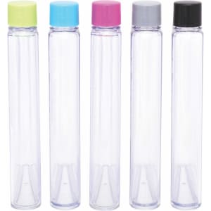 A drink bottle collection featuring five clear bottles with coloured lids in green, blue, pink, grey, and black.