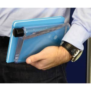 A drink bottle in a sleek, transparent design with a blue back, held alongside a notepad. Features a logo.