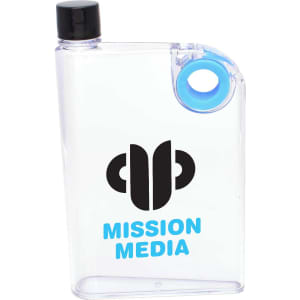 A drink bottle in clear plastic with a black cap and a blue accent. It features a logo on the front.
