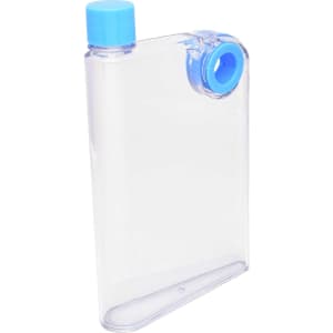 A drink bottle with a clear body and blue lid, featuring a unique shape and a logo on the side.