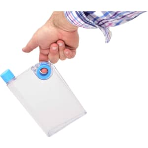 A transparent drink bottle with a light blue cap and a blue grip for easy handling. It features a logo.