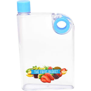 A drink bottle in clear plastic with a blue lid and a blue grip feature, featuring fruit graphic design.