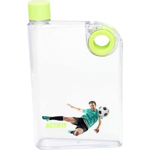 A drink bottle in clear plastic with a lime green cap, featuring an athlete kicking a soccer ball and a logo.