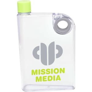 A drink bottle featuring a clear design with a lime green cap, an ergonomic shape, and a logo on the surface.