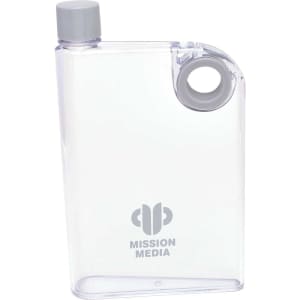 A drink bottle with a clear plastic design, featuring a round grip and a grey logo.