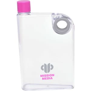 A drink bottle with a clear body, pink cap, and grey detail, featuring a logo on the front.