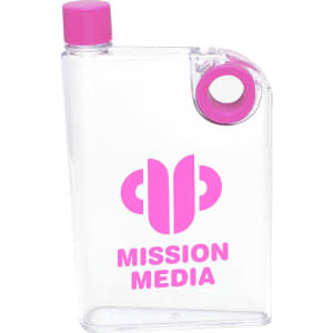 A drink bottle in clear plastic with a pink lid and a top corner opening, featuring a pink logo on the front.