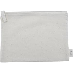 A natural-coloured canvas bag with a zipper, featuring a small logo on the side.