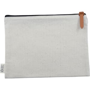 A cream-coloured calico conference bag with a zip closure and a brown leather pull tab, featuring a logo.