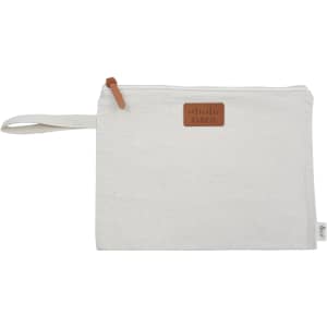 A cream-coloured conference bag with a zip, featuring a logo and a fabric loop for easy carrying.