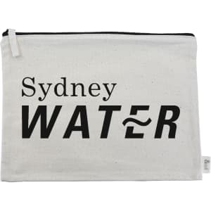 A cream-coloured conference bag with a black logo featuring the words "Sydney WATER" and a zipper closure.