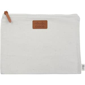 A cream-coloured conference bag with a zip closure and a logo patch. Features a leather zipper pull.
